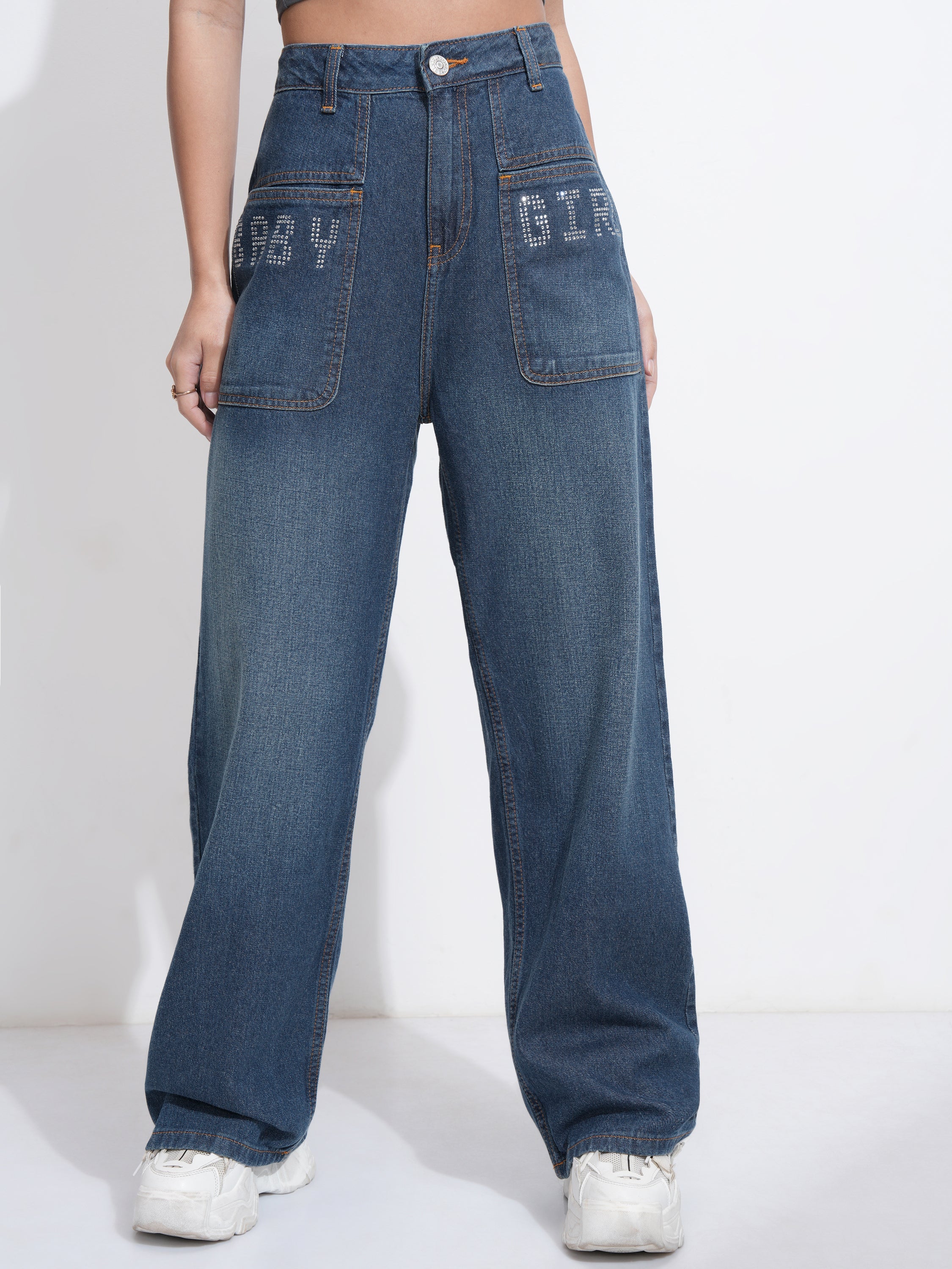 Tokyo Talkies Women Blue Wide Leg Stretchable Jeans - Blue - Image 1