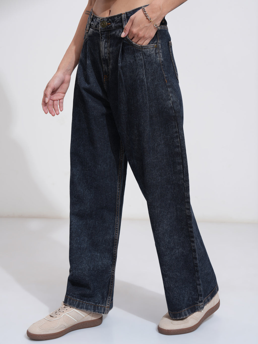 Tokyo Talkies Women Navy Blue Wide Leg Stretchable Jeans - Navy Blue - Image 4