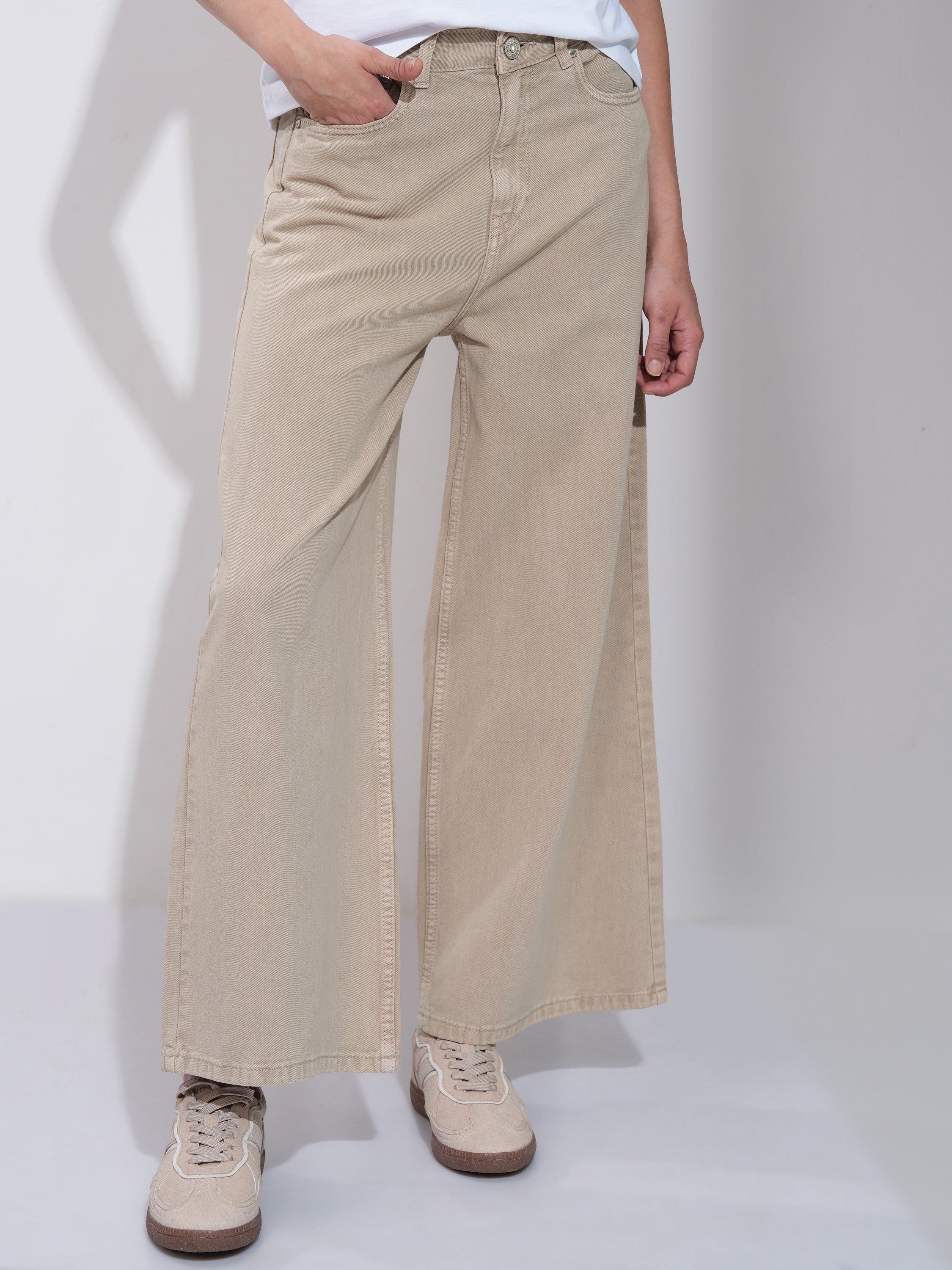 Tokyo Talkies Women Beige Wide Leg Jeans - Beige - Image 1