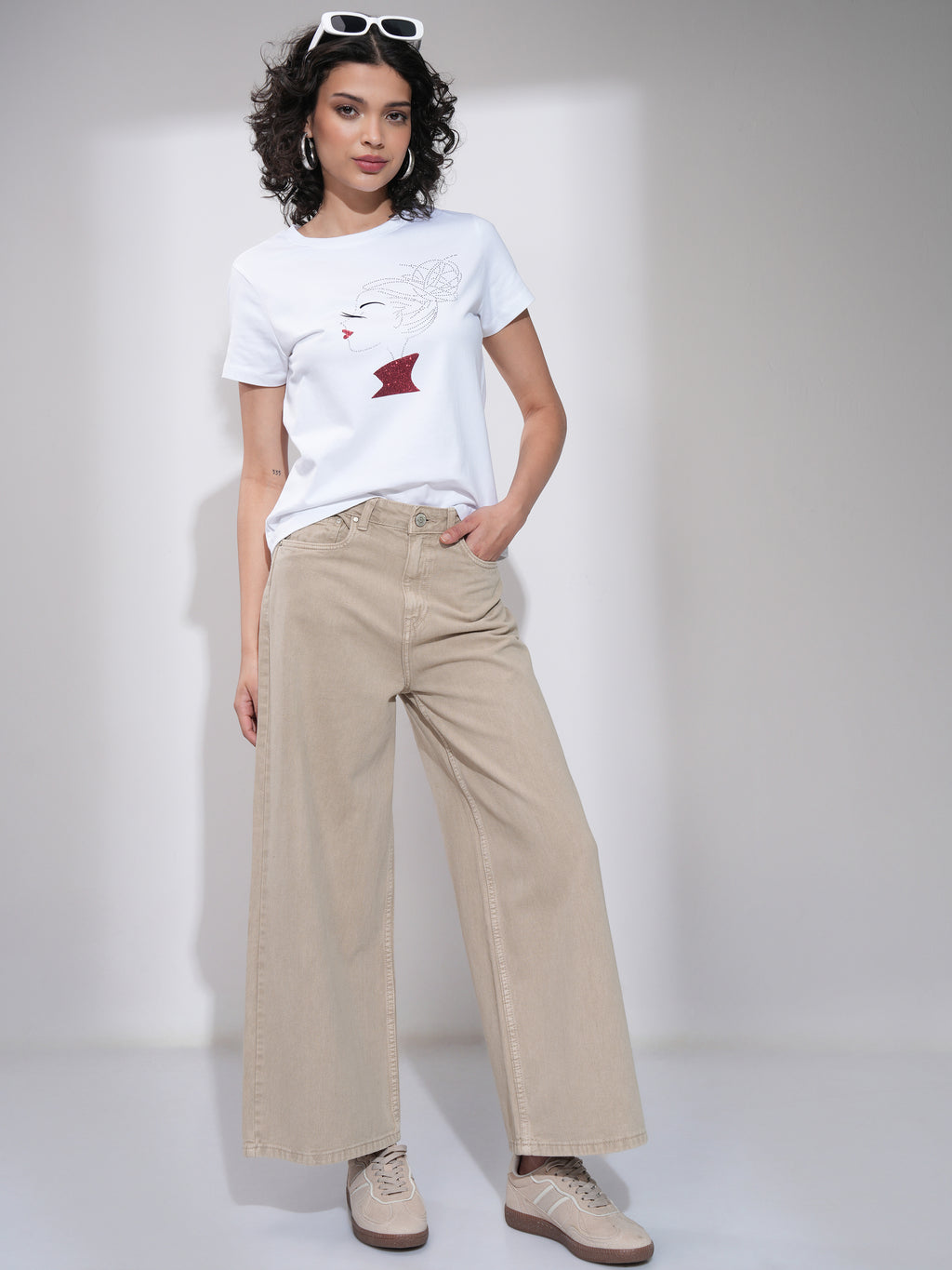 Tokyo Talkies Women Beige Wide Leg Jeans - Beige - Image 2
