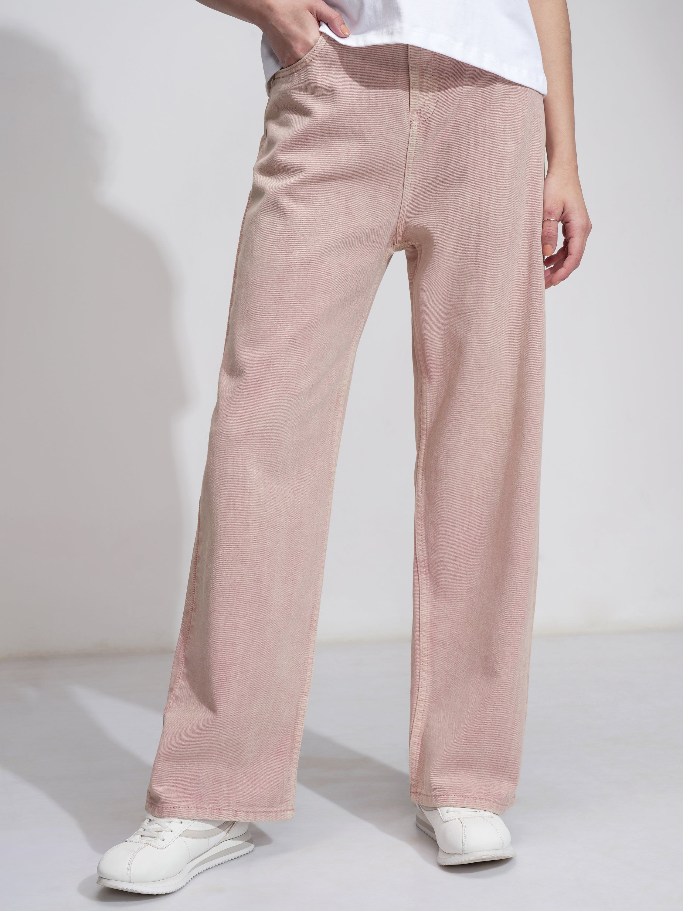 Tokyo Talkies Women Pink Wide Leg Stretchable Jeans - Pink - Image 1