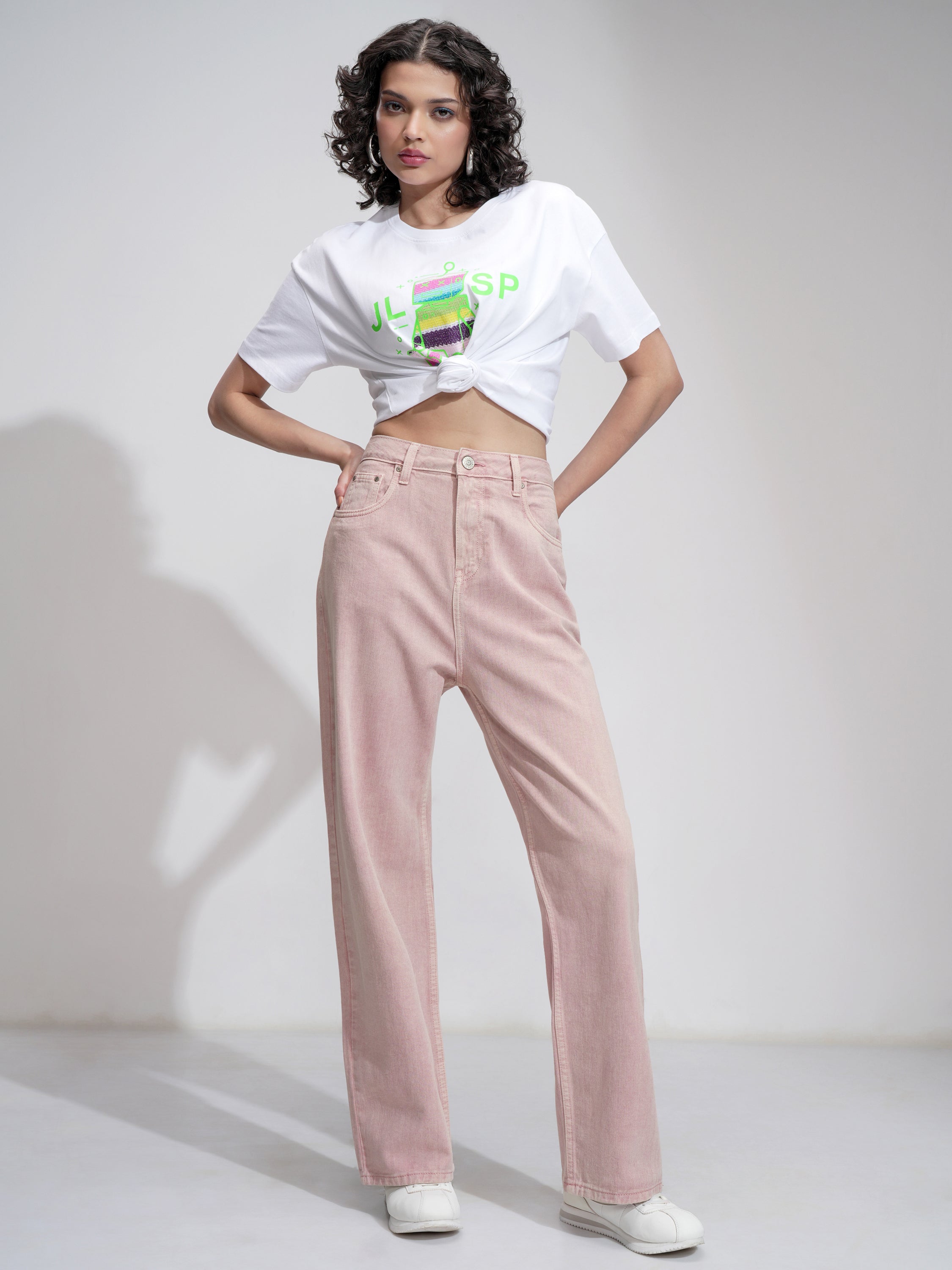 Tokyo Talkies Women Pink Wide Leg Stretchable Jeans - Pink - Image 2