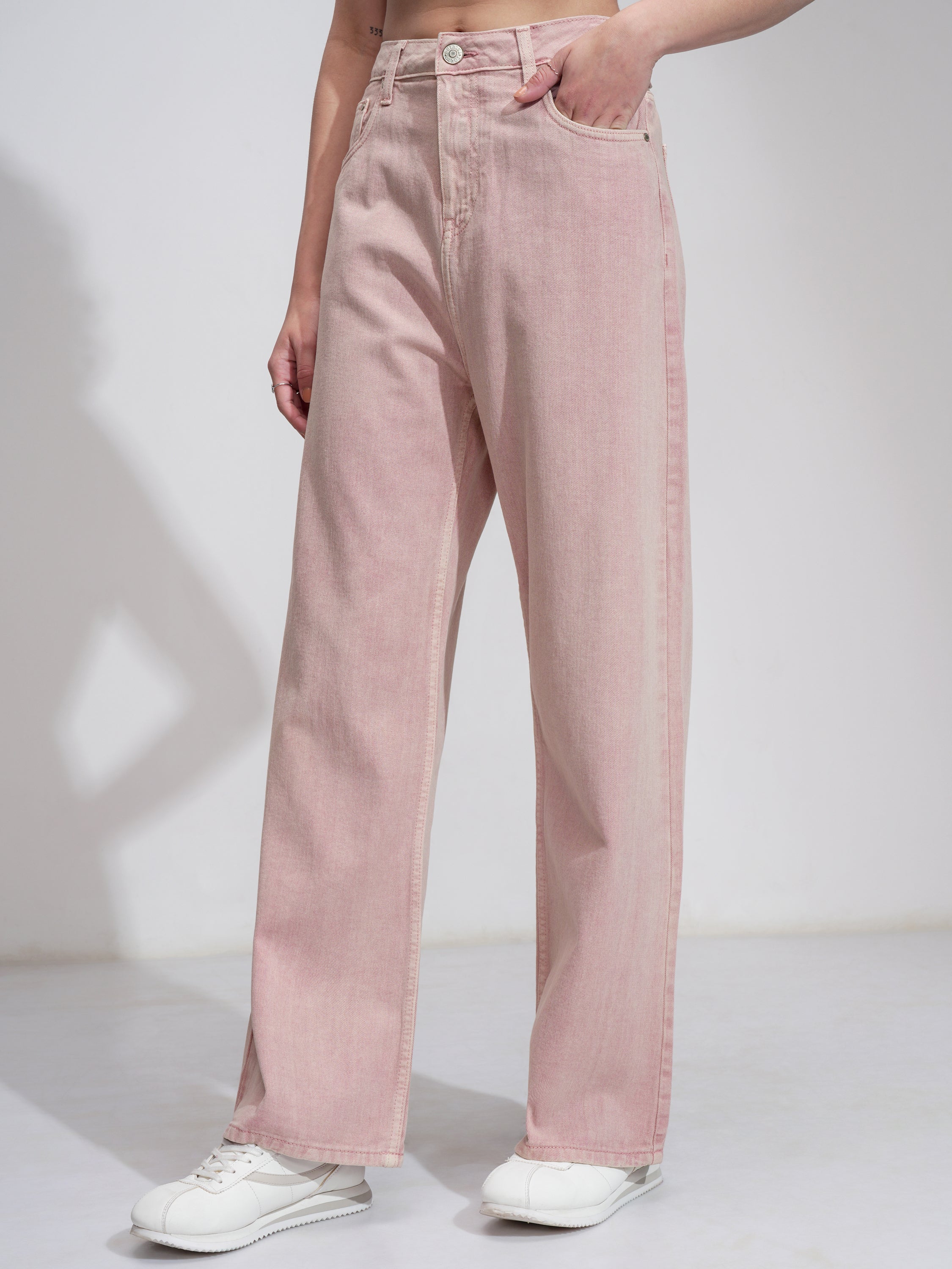 Tokyo Talkies Women Pink Wide Leg Stretchable Jeans - Pink - Image 4