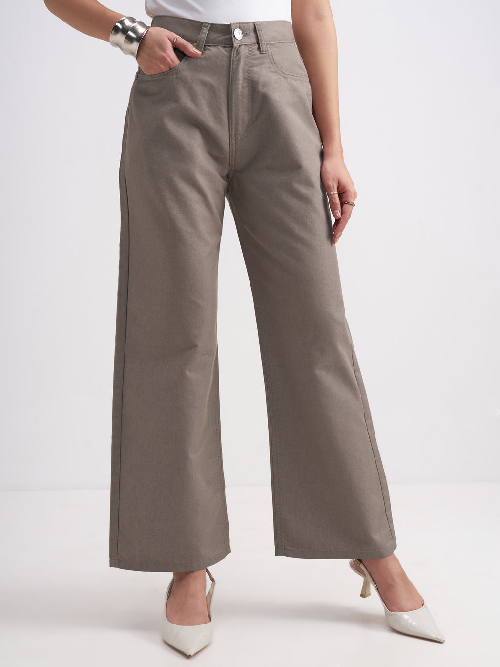 Tokyo Talkies Women Taupe Wide Fit Stretchable Jeans - Taupe - Image 1