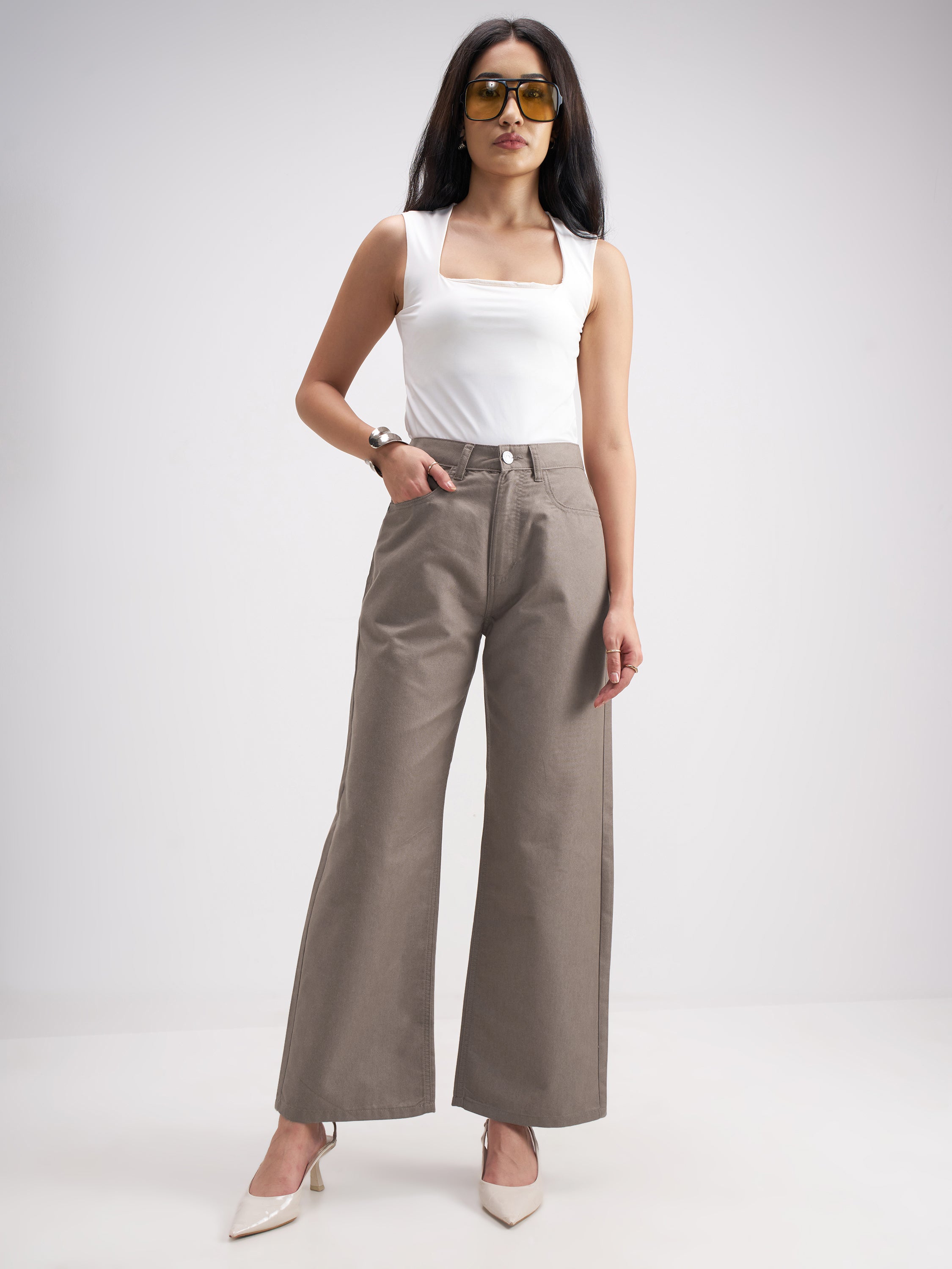 Tokyo Talkies Women Taupe Wide Fit Stretchable Jeans - Taupe - Image 2
