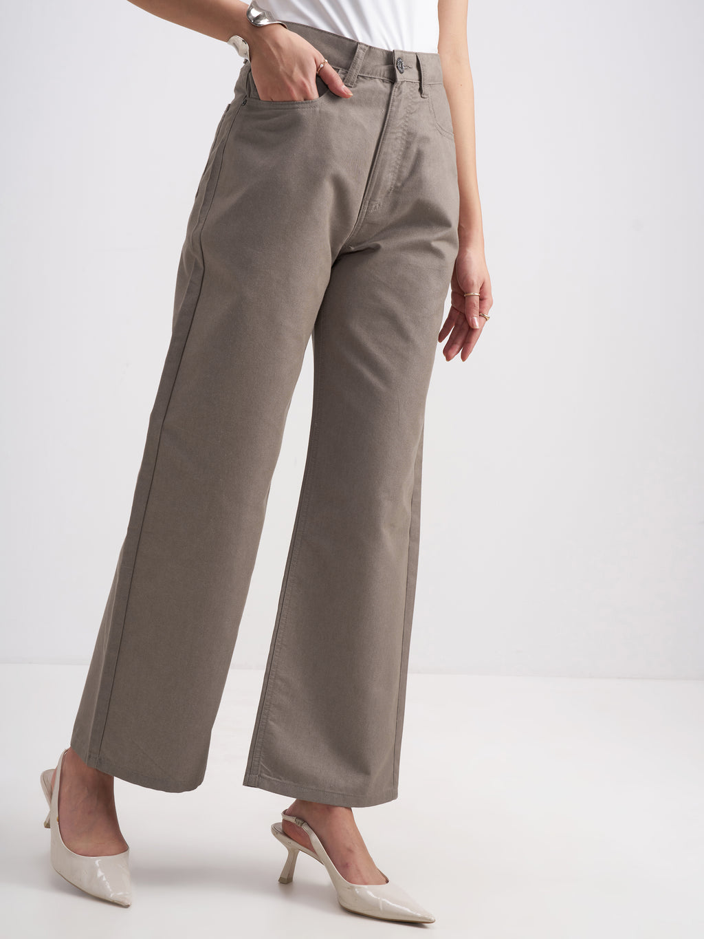 Tokyo Talkies Women Taupe Wide Fit Stretchable Jeans - Taupe - Image 6