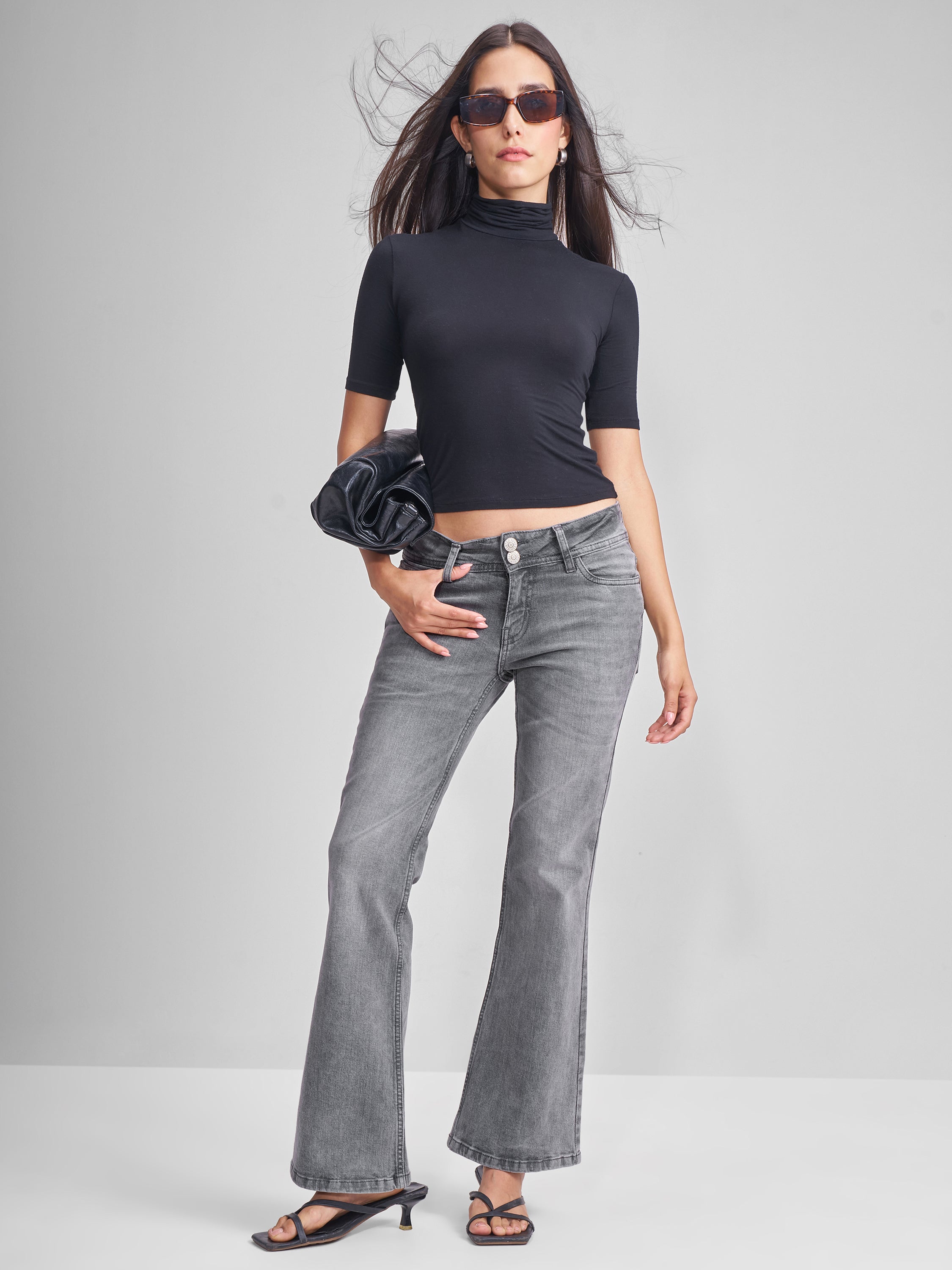 Tokyo Talkies Women Grey Flared Stretchable Jeans - Grey - Image 2