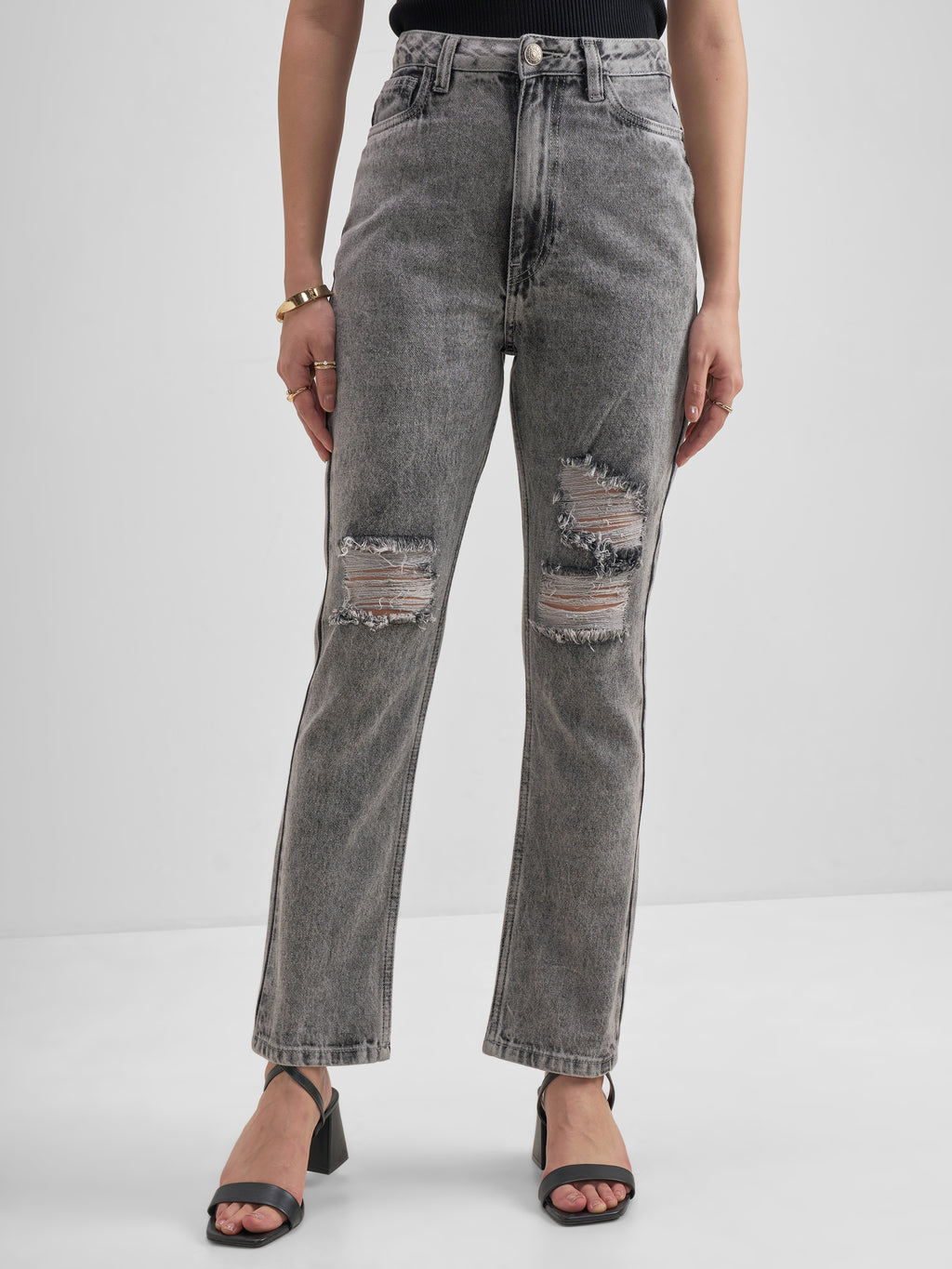 Tokyo Talkies Women Grey Flared Highly Distressed Stretchable Jeans - Grey - Image 1
