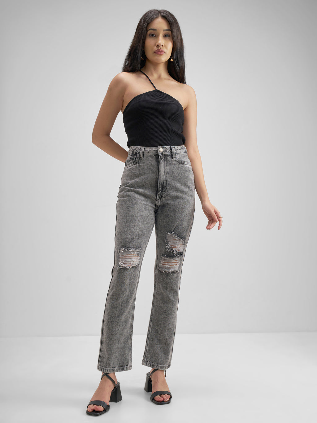 Tokyo Talkies Women Grey Flared Highly Distressed Stretchable Jeans - Grey - Image 2