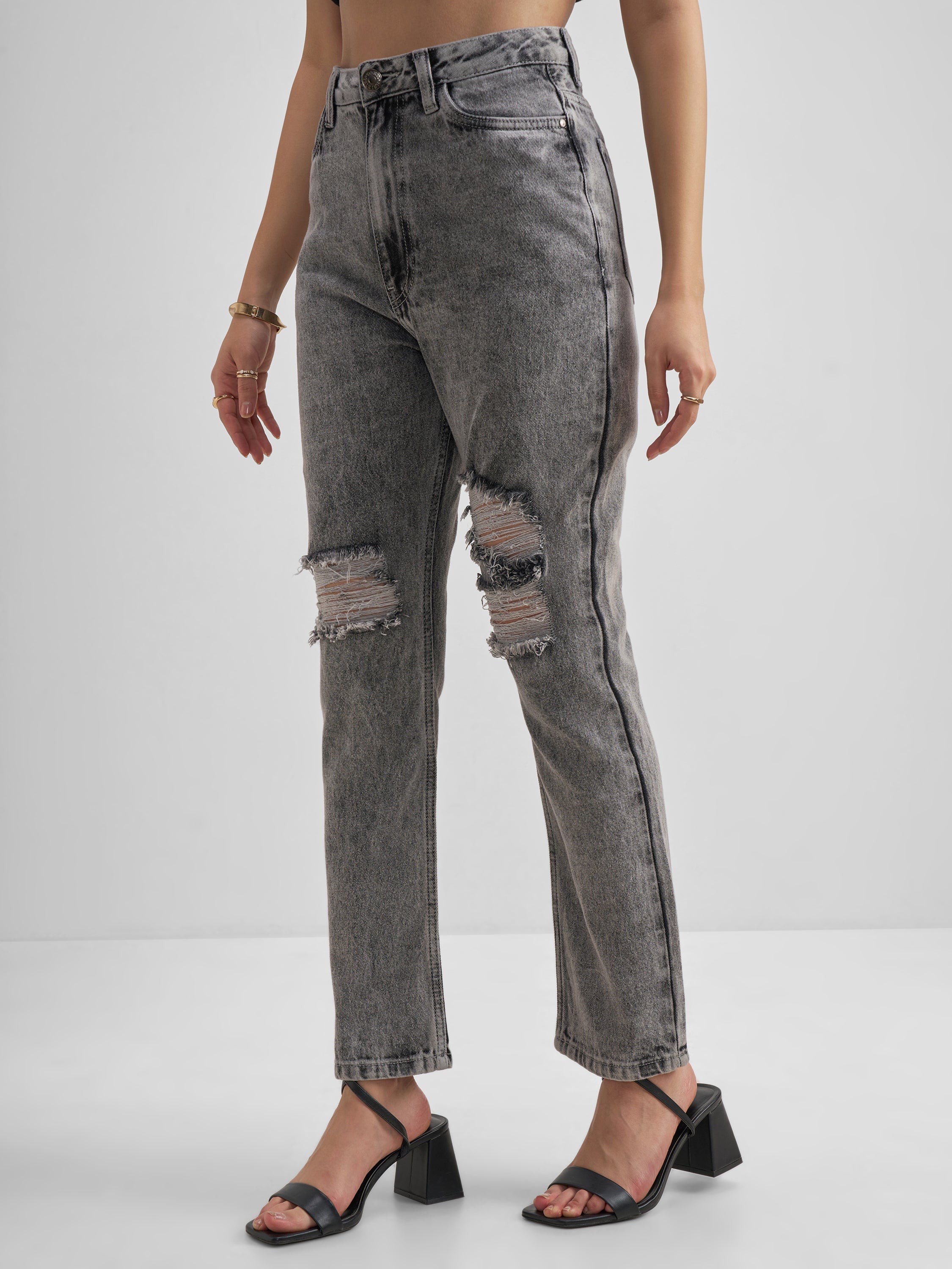 Tokyo Talkies Women Grey Flared Highly Distressed Stretchable Jeans - Grey - Image 4