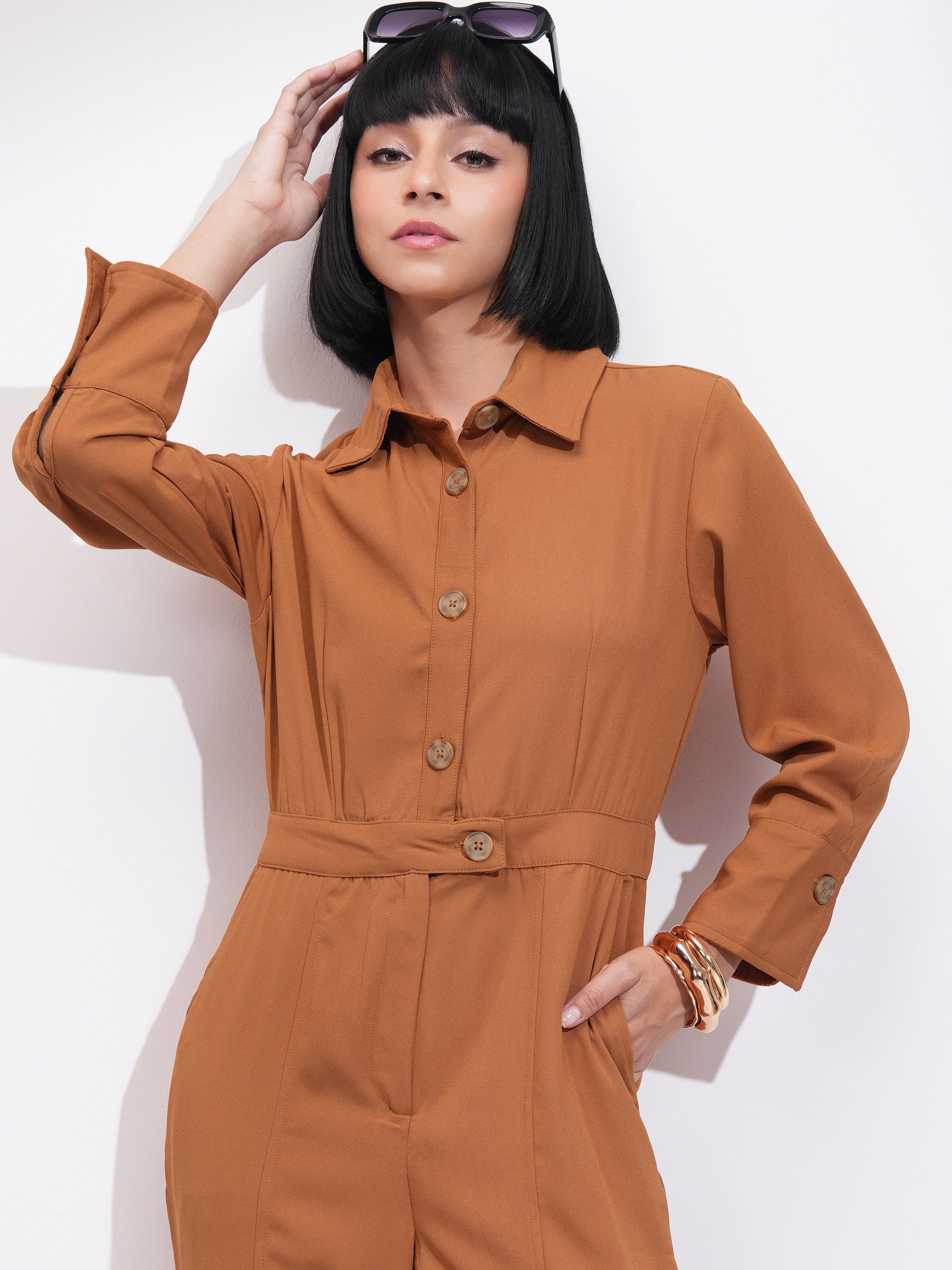 Tokyo Talkies Women Brown Solid Jumpsuit - Brown - Image 1