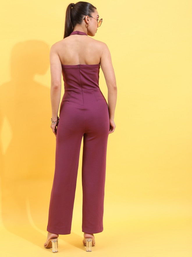 Tokyo Talkies Women Mauve Solid Halter Neck Jumpsuit - Mauve - Image 3