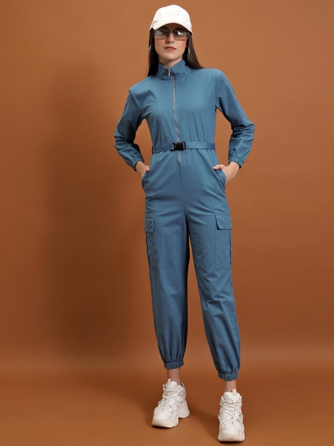 Tokyo Talkies Women Blue Solid Jumpsuit With Belt - Blue - Image 1