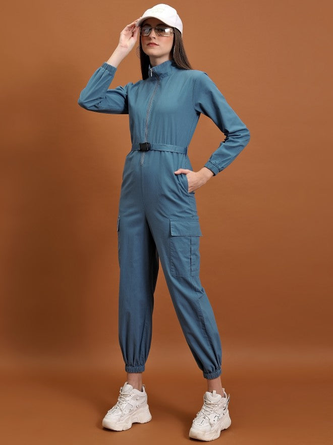 Tokyo Talkies Women Blue Solid Jumpsuit With Belt - Blue - Image 2