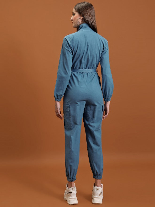 Tokyo Talkies Women Blue Solid Jumpsuit With Belt - Blue - Image 3