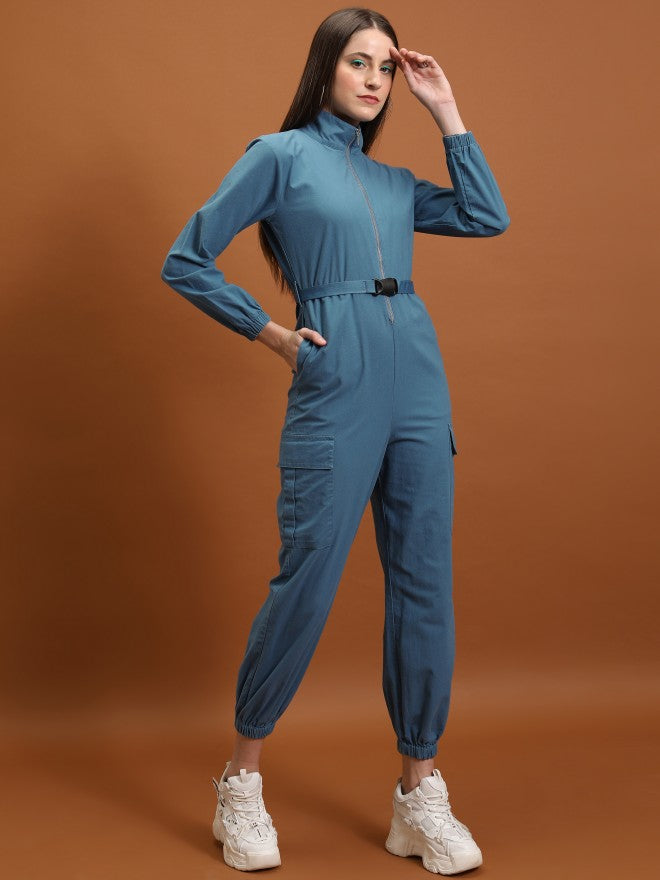 Tokyo Talkies Women Blue Solid Jumpsuit With Belt - Blue - Image 4