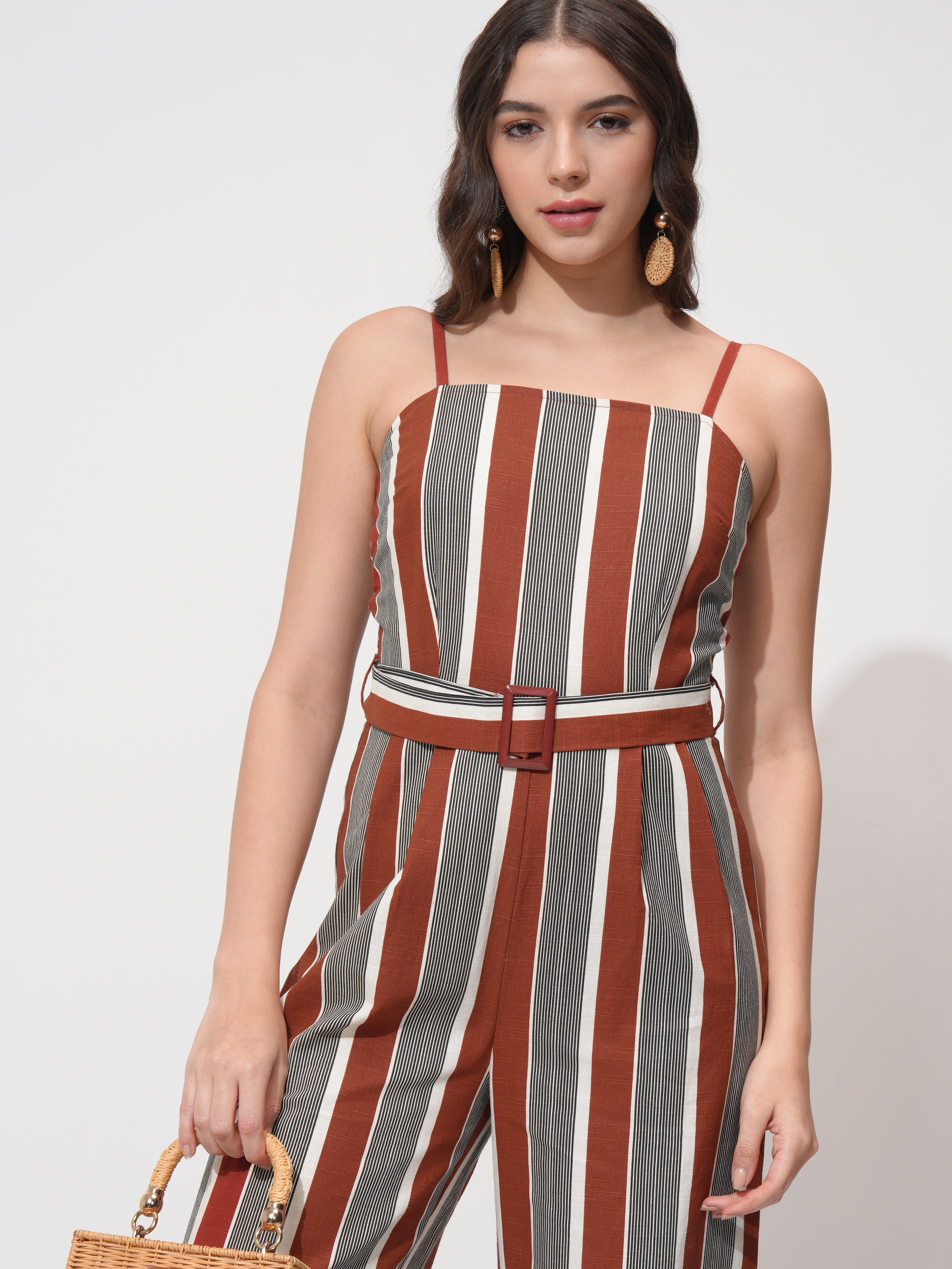 Tokyo Talkies Women Rust Striped Jumpsuit - Rust - Image 1