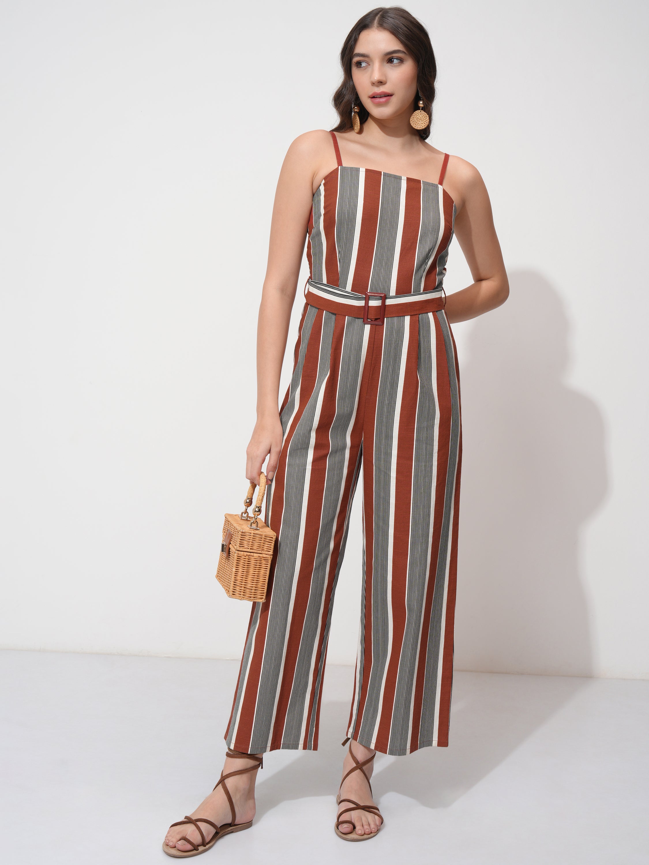 Tokyo Talkies Women Rust Striped Jumpsuit - Rust - Image 2