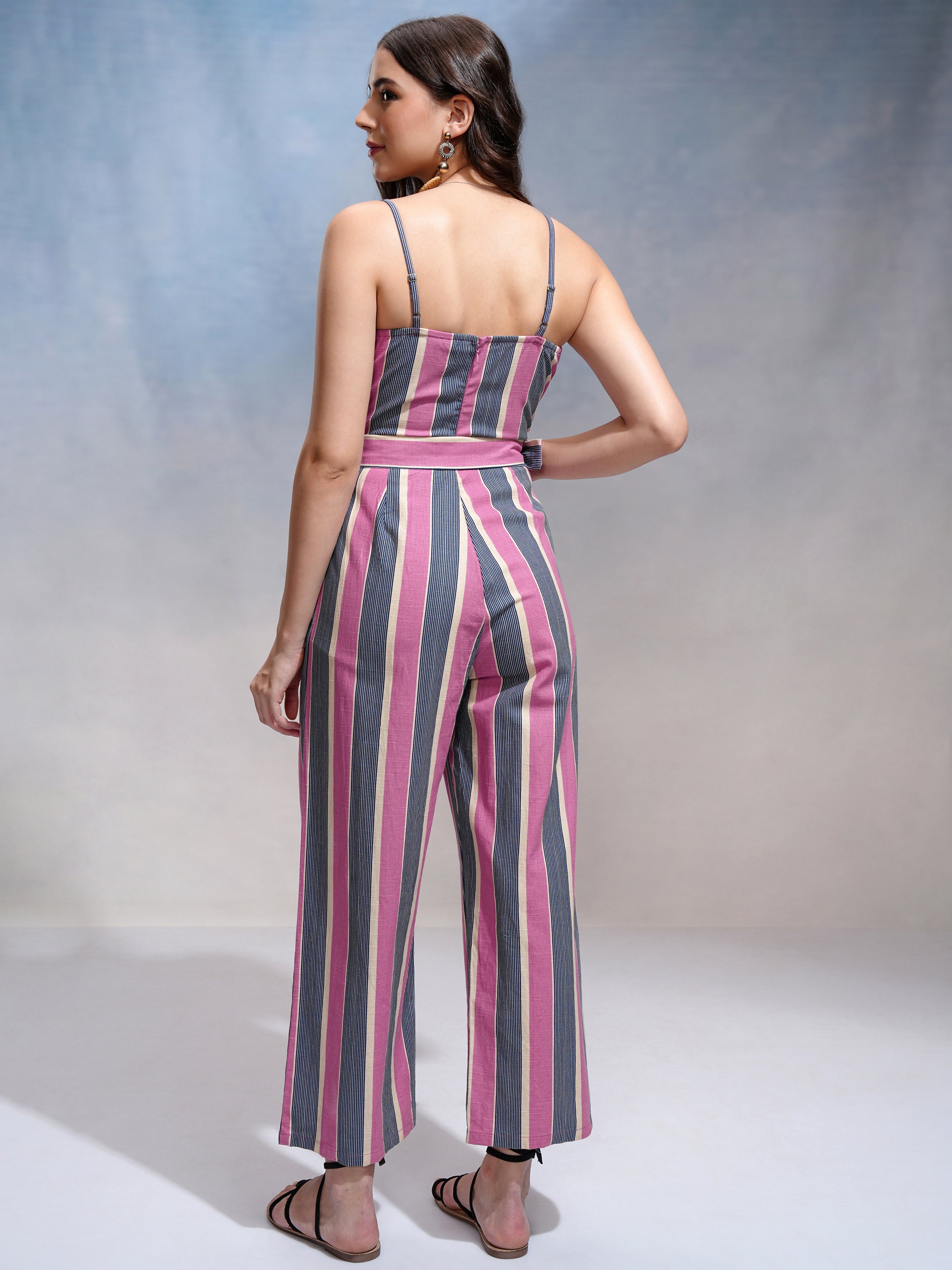 Tokyo Talkies Women Pink Striped Jumpsuit - Pink - Image 2