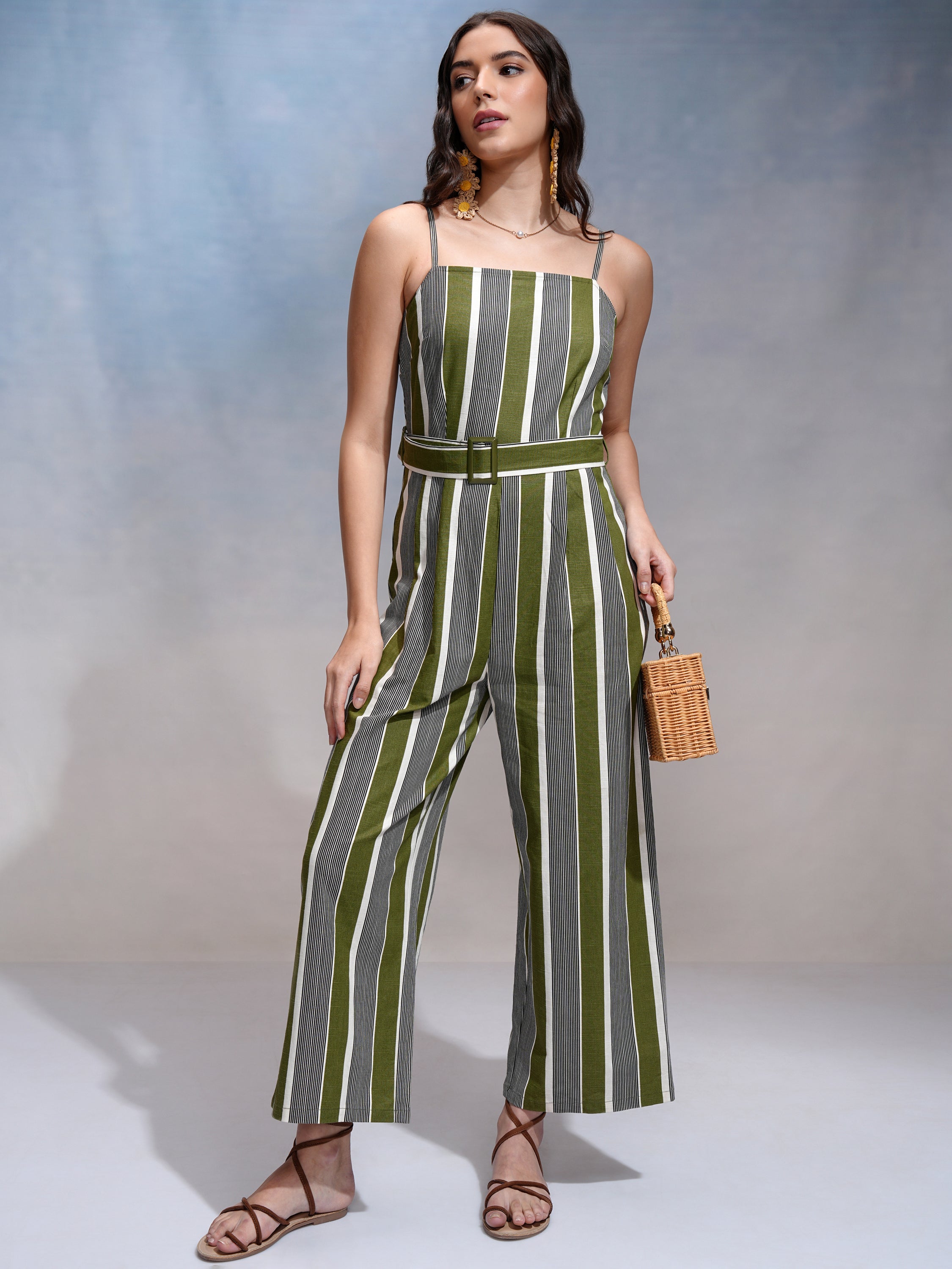Tokyo Talkies Women Green Striped Jumpsuit - Green - Image 1