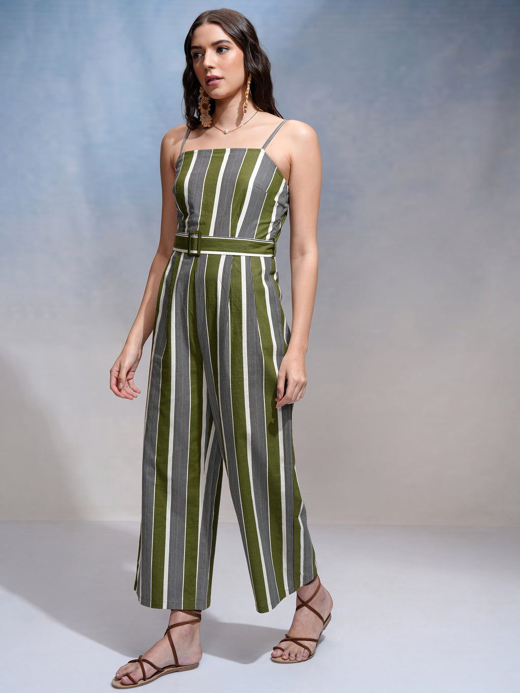 Tokyo Talkies Women Green Striped Jumpsuit - Green - Image 2