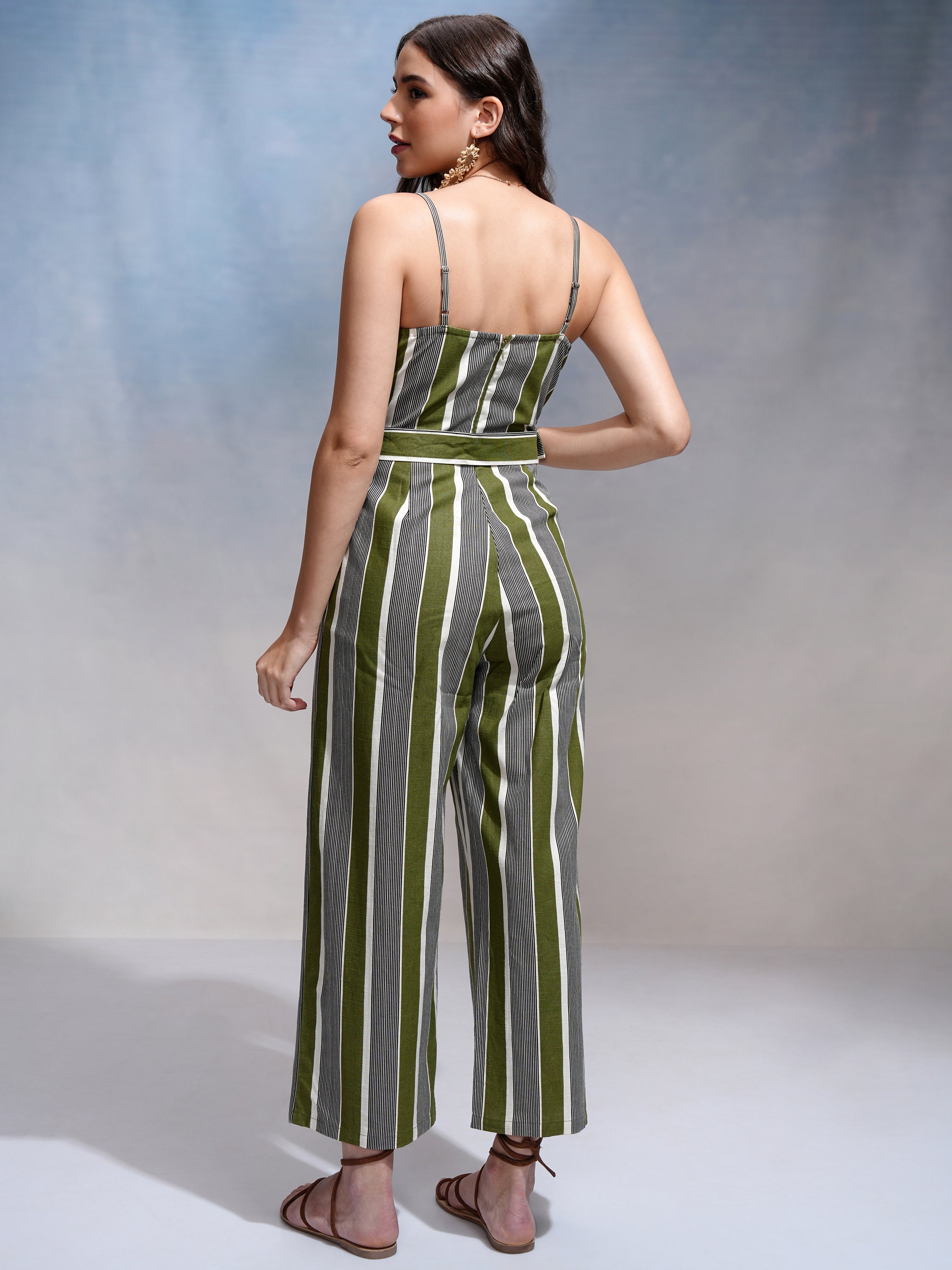 Tokyo Talkies Women Green Striped Jumpsuit - Green - Image 3