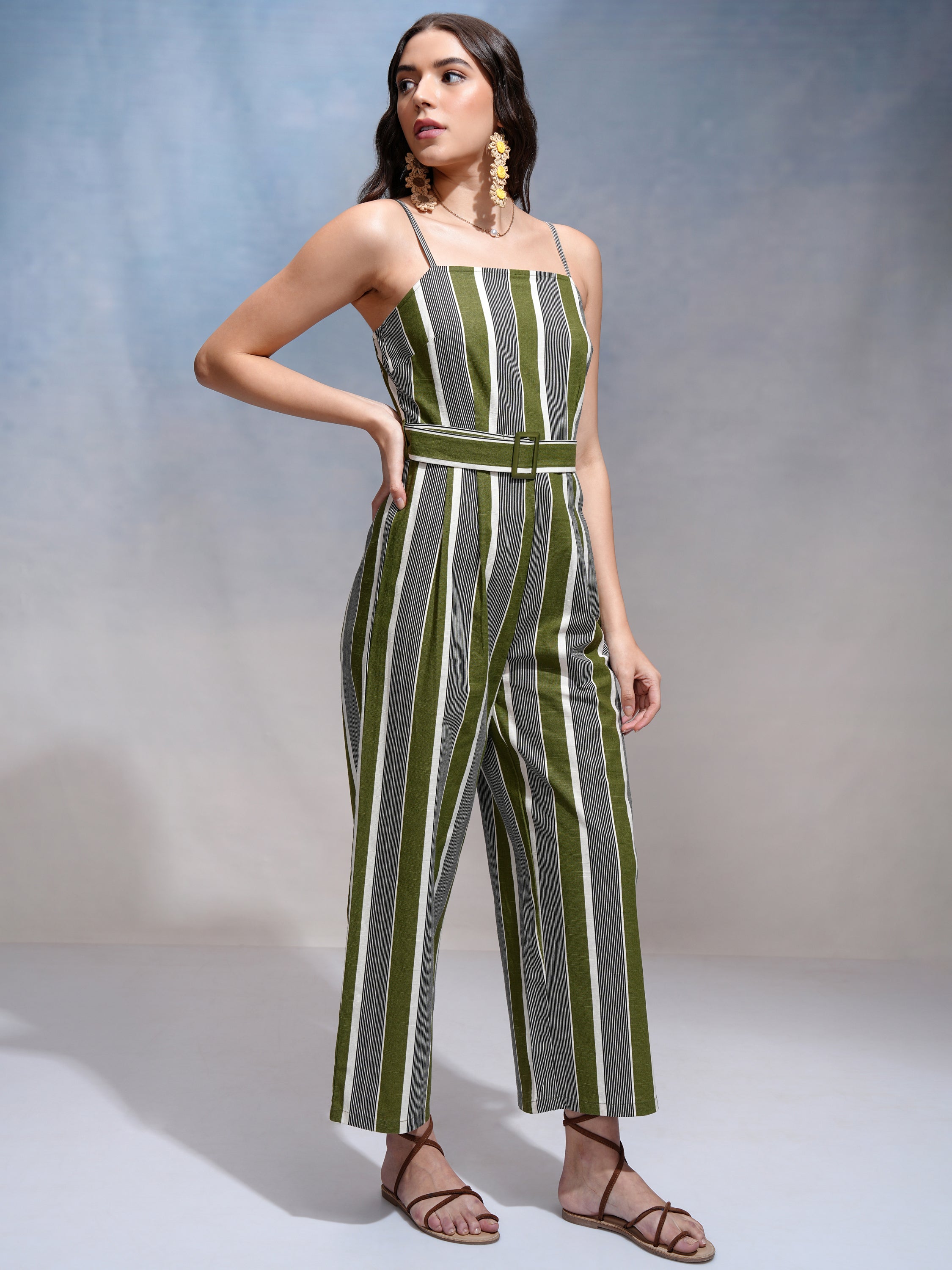 Tokyo Talkies Women Green Striped Jumpsuit - Green - Image 4