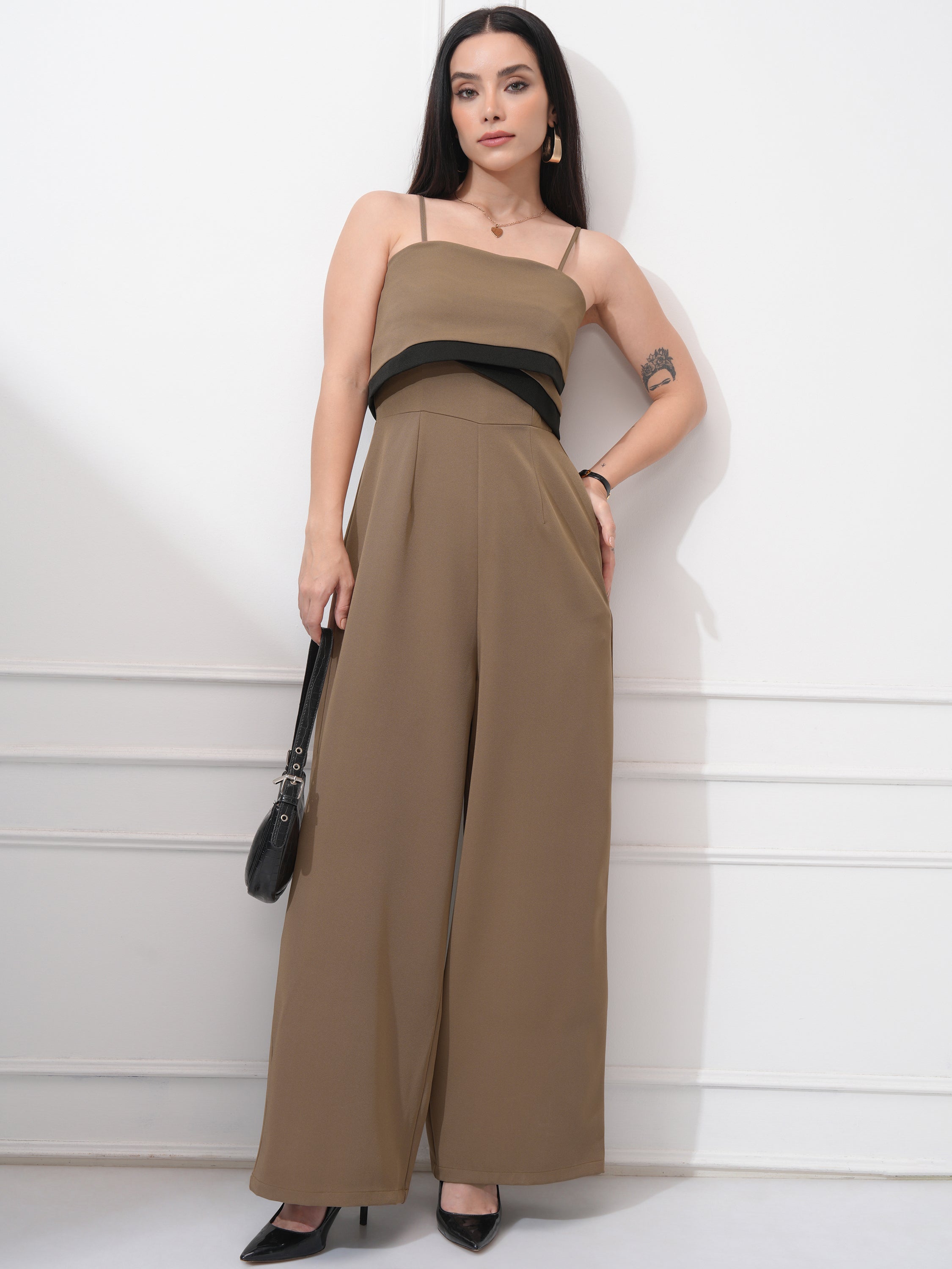 Tokyo Talkies Women Khaki Solid Regular Fit Jumpsuit - Khaki - Image 1