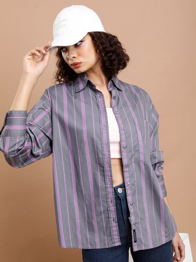 Tokyo Talkies Women Grey Striped Oversized Fit Casual Shirt - Grey - Image 1