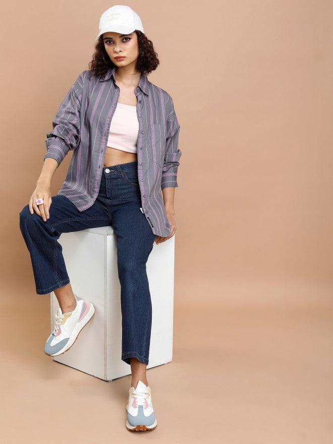 Tokyo Talkies Women Grey Striped Oversized Fit Casual Shirt - Grey - Image 2