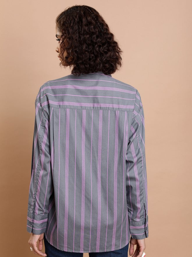 Tokyo Talkies Women Grey Striped Oversized Fit Casual Shirt - Grey - Image 3