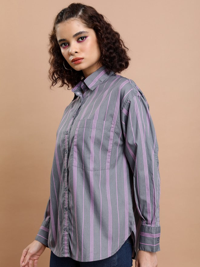 Tokyo Talkies Women Grey Striped Oversized Fit Casual Shirt - Grey - Image 4