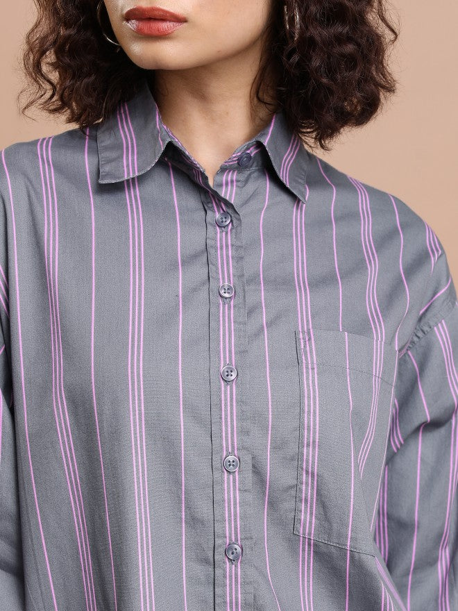 Tokyo Talkies Women Grey Striped Oversized Fit Casual Shirt - Grey - Image 5