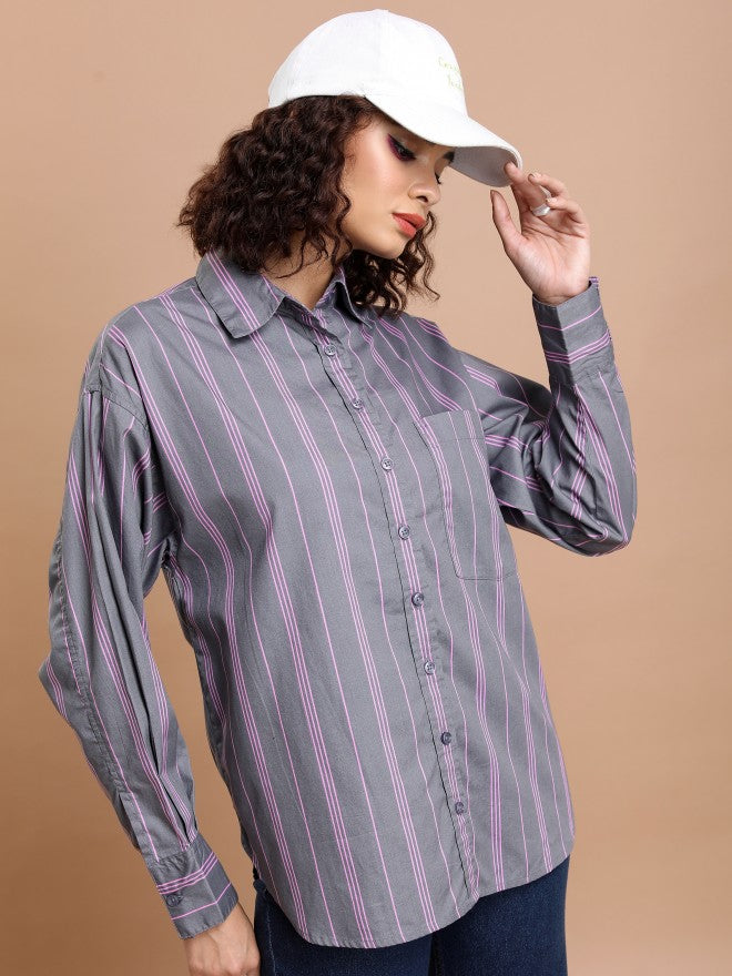 Tokyo Talkies Women Grey Striped Oversized Fit Casual Shirt - Grey - Image 6