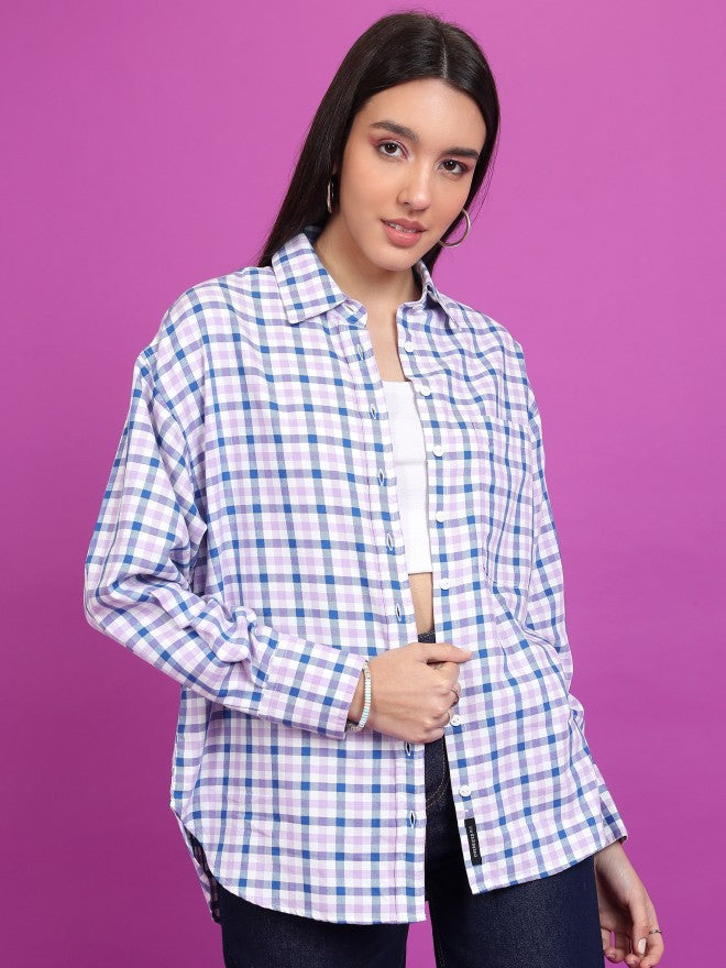 Tokyo Talkies Women Purple Checked Oversized Fit Casual Shirt - Purple - Image 1
