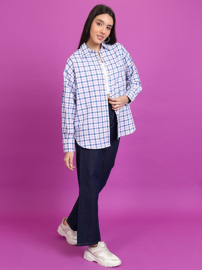 Tokyo Talkies Women Purple Checked Oversized Fit Casual Shirt - Purple - Image 2