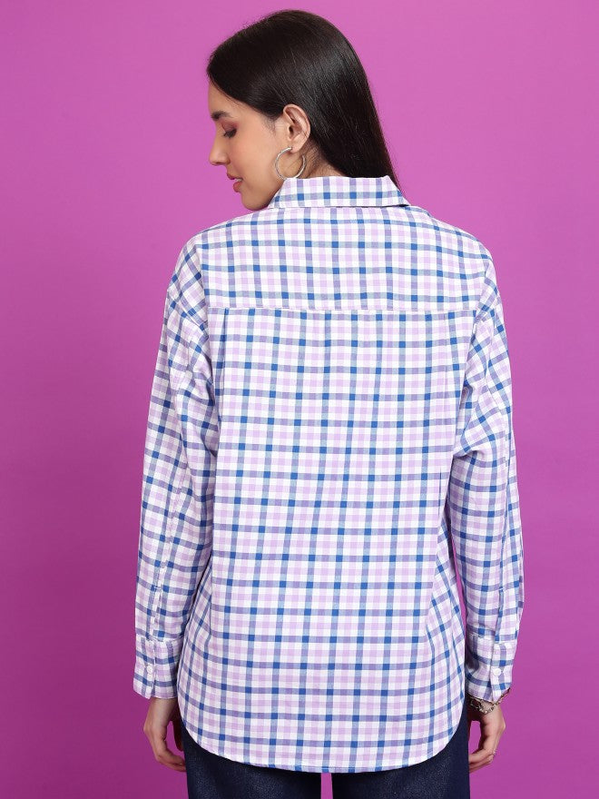 Tokyo Talkies Women Purple Checked Oversized Fit Casual Shirt - Purple - Image 3