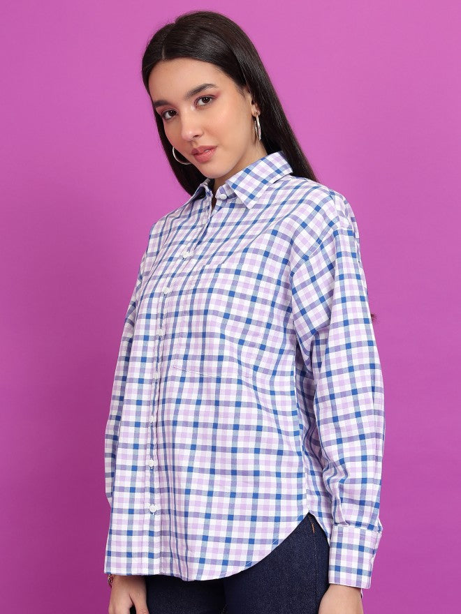 Tokyo Talkies Women Purple Checked Oversized Fit Casual Shirt - Purple - Image 4