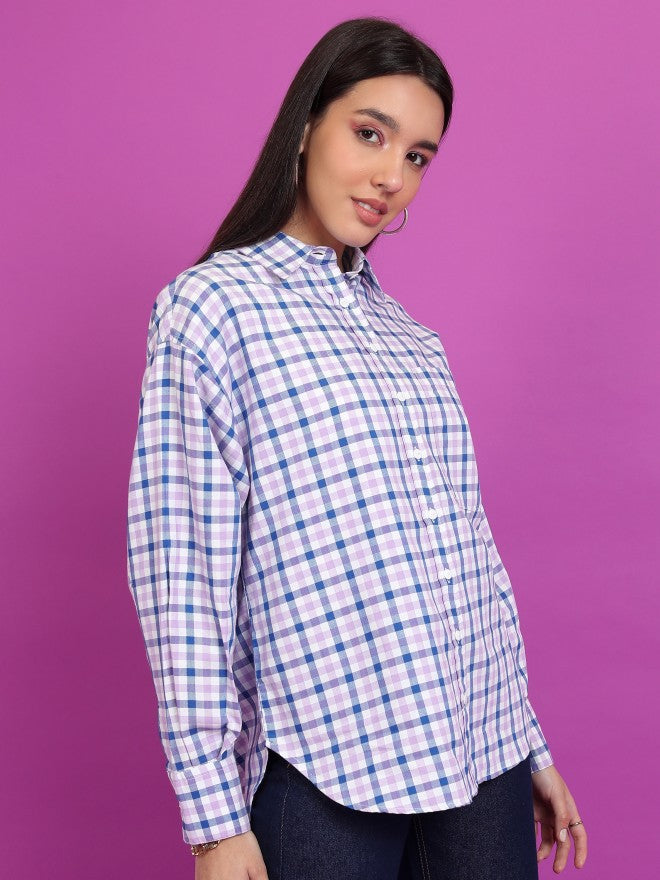 Tokyo Talkies Women Purple Checked Oversized Fit Casual Shirt - Purple - Image 6