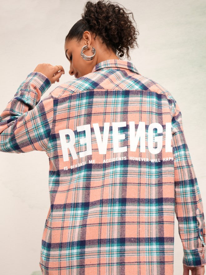 Tokyo Talkies Women Peach Checked Oversized Fit Casual Shirt - Peach - Image 1