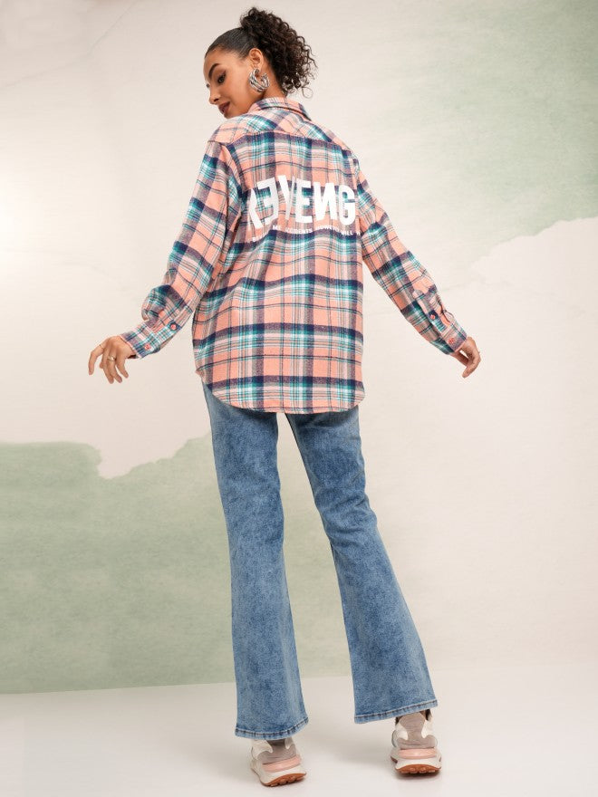 Tokyo Talkies Women Peach Checked Oversized Fit Casual Shirt - Peach - Image 2