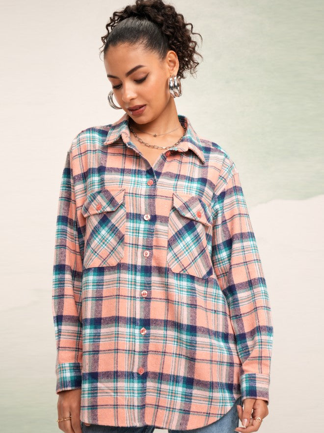 Tokyo Talkies Women Peach Checked Oversized Fit Casual Shirt - Peach - Image 3