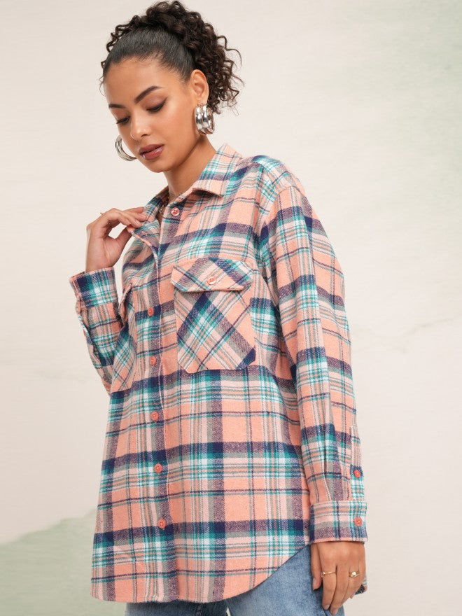 Tokyo Talkies Women Peach Checked Oversized Fit Casual Shirt - Peach - Image 4