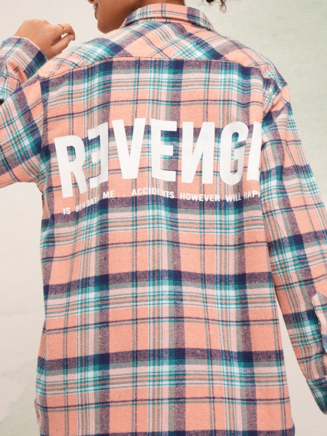 Tokyo Talkies Women Peach Checked Oversized Fit Casual Shirt - Peach - Image 5
