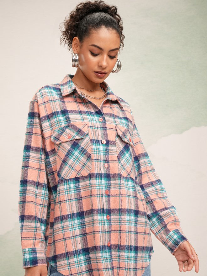 Tokyo Talkies Women Peach Checked Oversized Fit Casual Shirt - Peach - Image 6