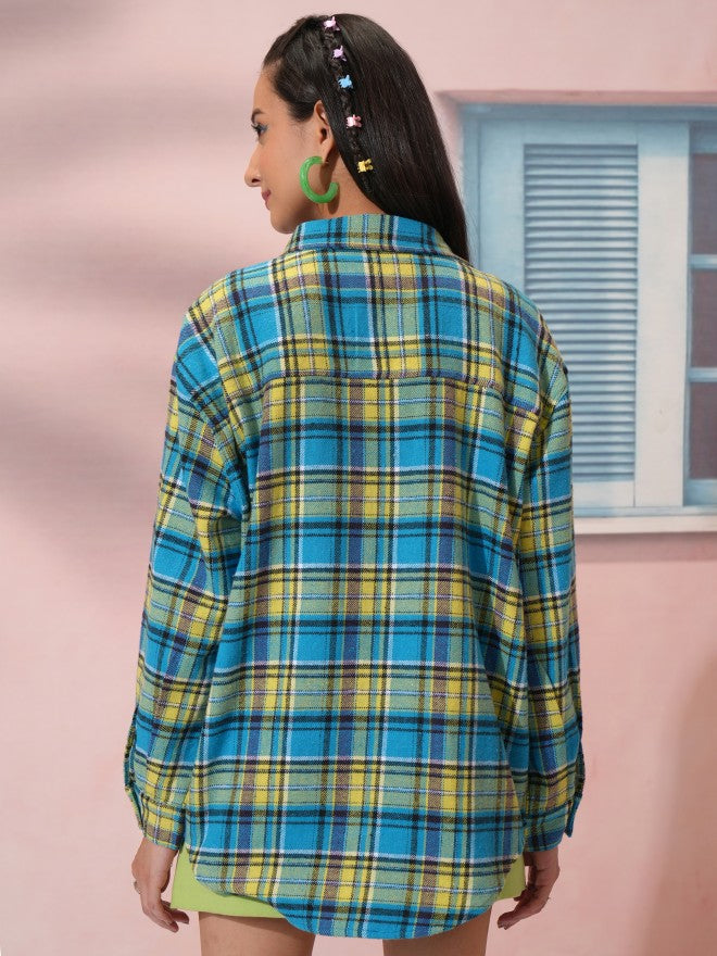 Tokyo Talkies Women Blue Checked Oversized Fit Casual Shirt - Blue - Image 3