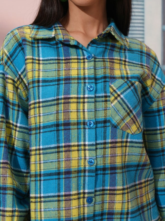 Tokyo Talkies Women Blue Checked Oversized Fit Casual Shirt - Blue - Image 5