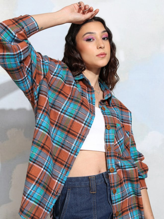 Tokyo Talkies Women Terracotta Checked Oversized Fit Casual Shirt - Terracotta - Image 1