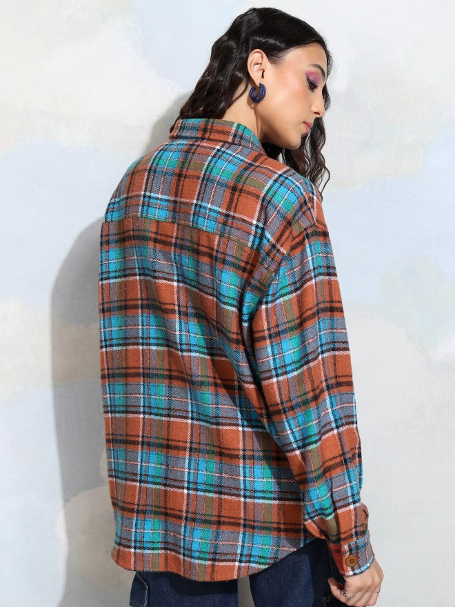 Tokyo Talkies Women Terracotta Checked Oversized Fit Casual Shirt - Terracotta - Image 3