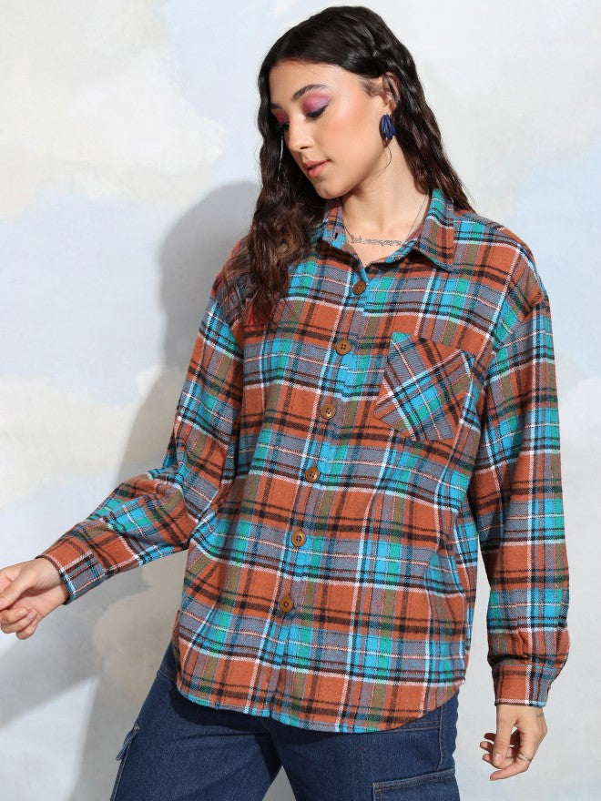 Tokyo Talkies Women Terracotta Checked Oversized Fit Casual Shirt - Terracotta - Image 4